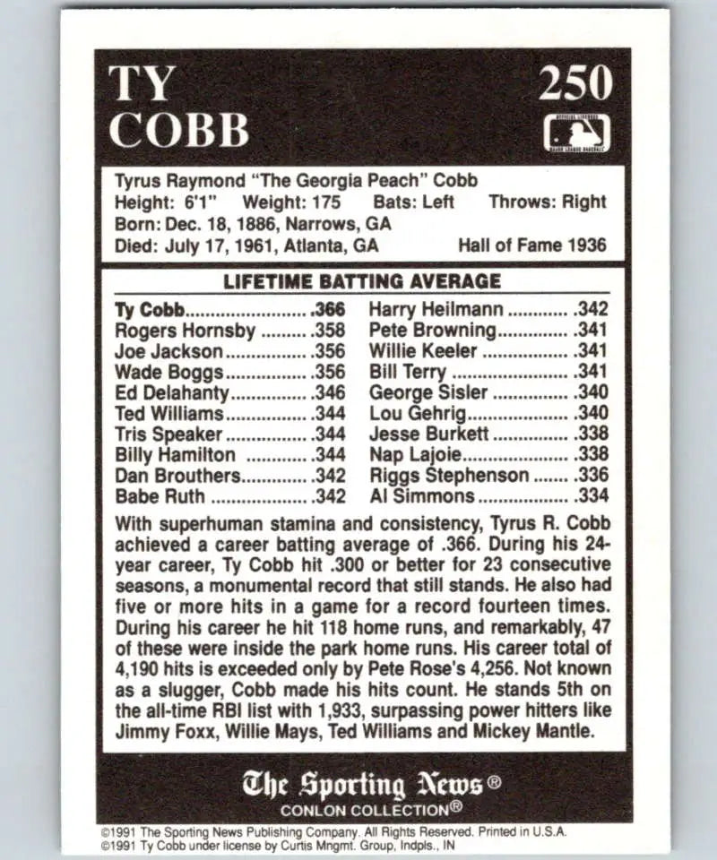 Baseball card featuring Ty Cobb’s lifetime stats from the Excellent Philadelphia Athletics