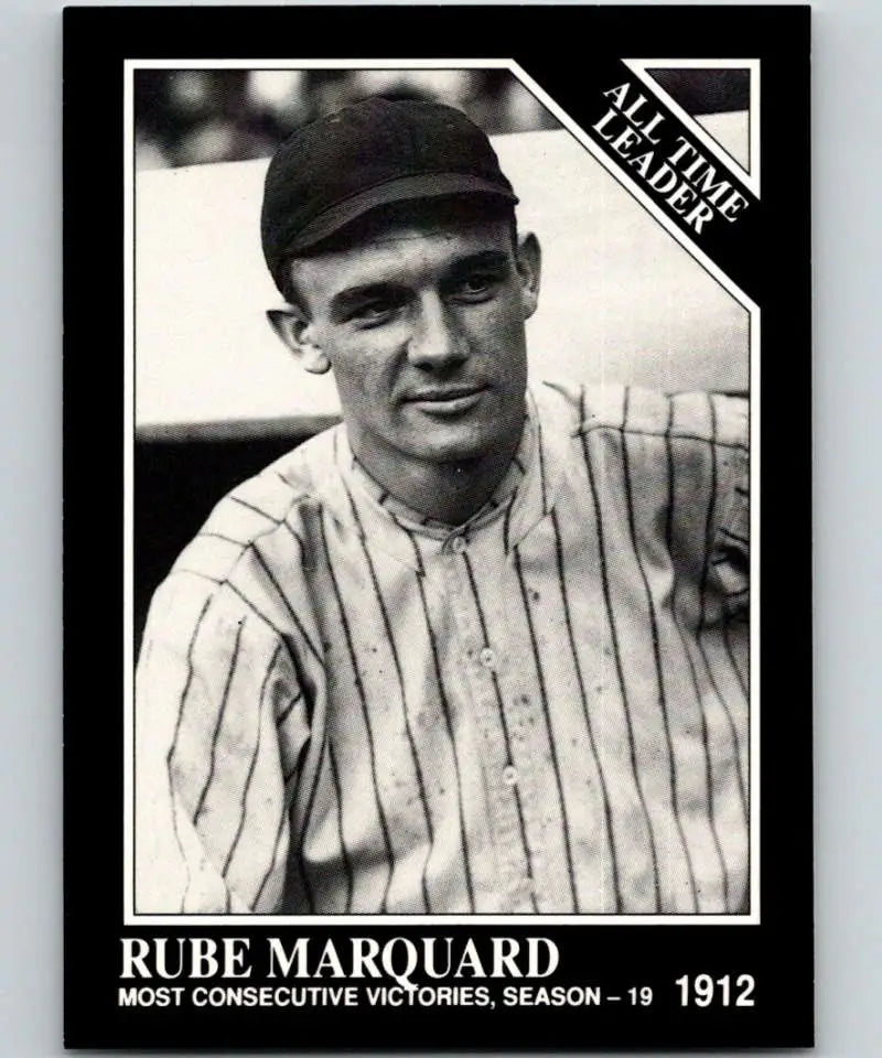 Black and white baseball card of Rube Marquard in pinstriped uniform for New York Giants