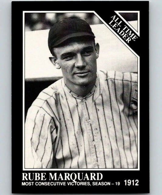 Black and white baseball card of Rube Marquard in pinstriped uniform for New York Giants