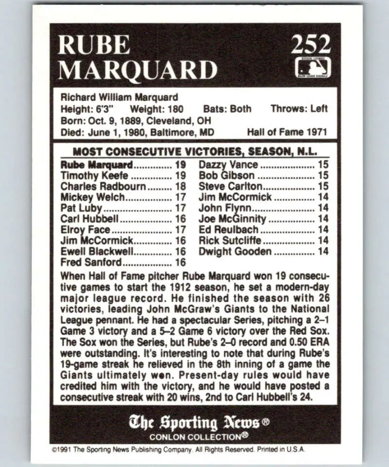 Baseball card featuring Rube Marquard statistics from 1991 Conlon Collection New York Giants