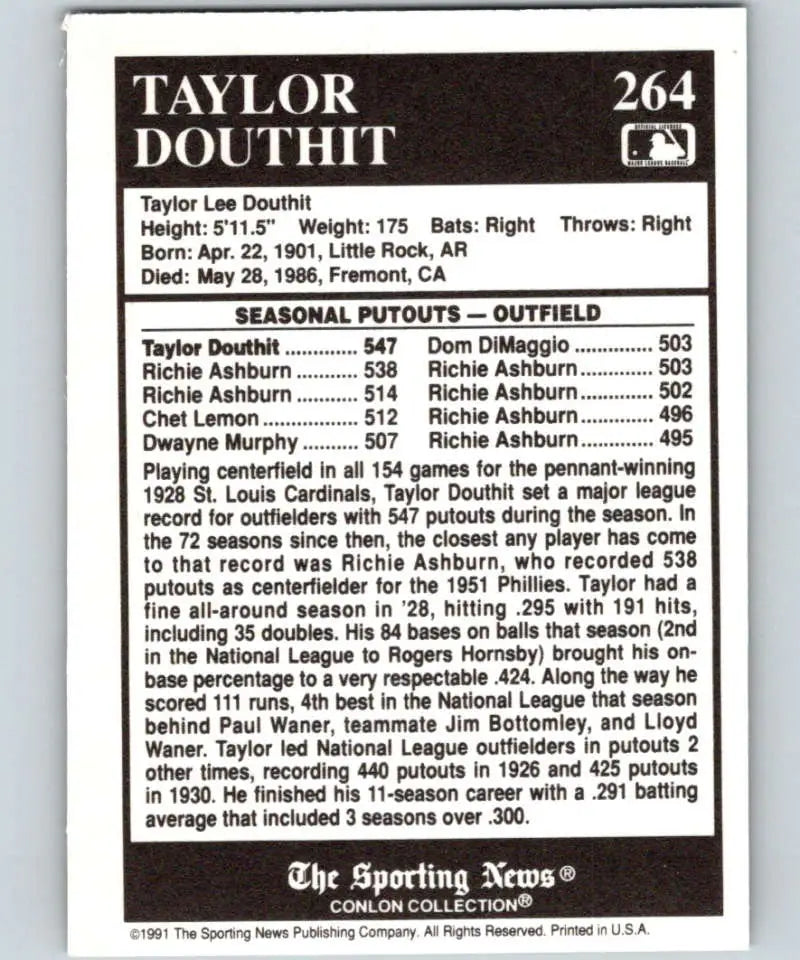 Baseball trading card featuring Taylor Douthit stats from the Conlon Collection