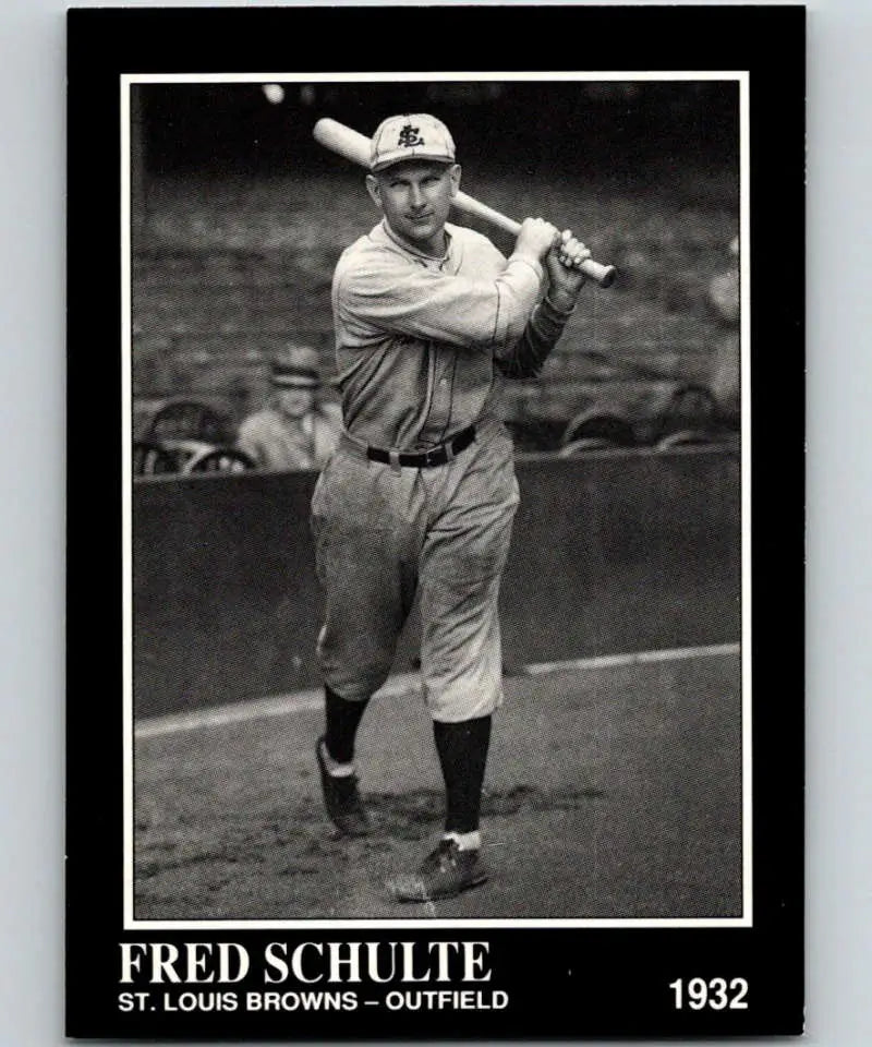 Black and white photo of Fred Schulte in a St. Louis Browns uniform batting stance