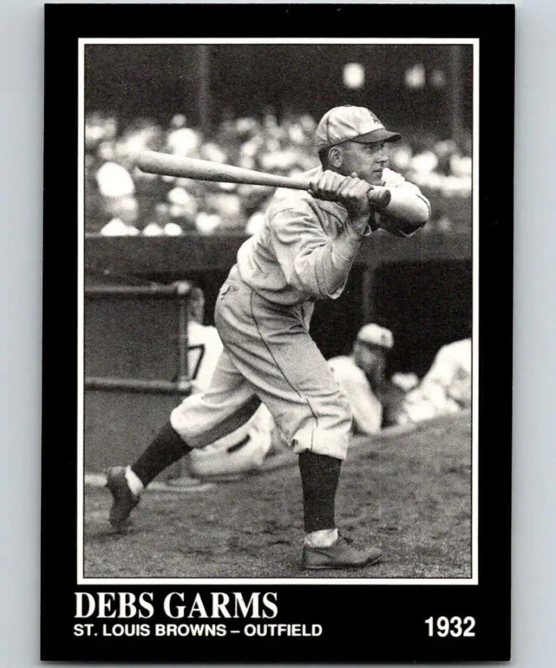 Black and white photo of Debs Garms at bat in St. Louis Browns uniform 1932
