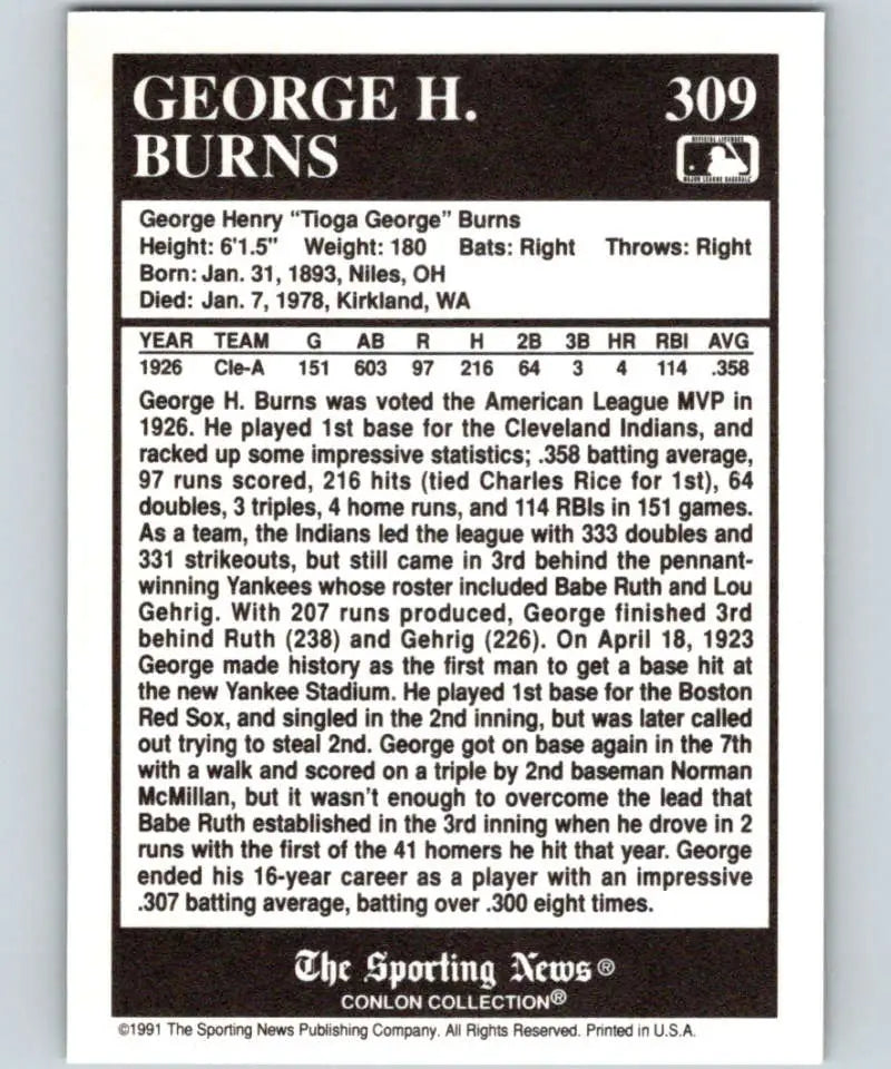 Baseball card of George Burns from the 1991 Conlon Collection, Cleveland Indians highlights