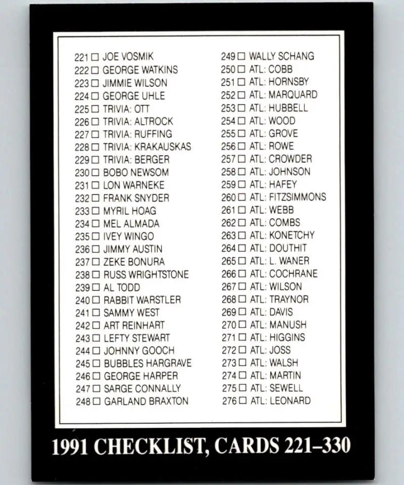 1991 Conlon Collection Excellent Baseball Card Checklist 221-330 Image