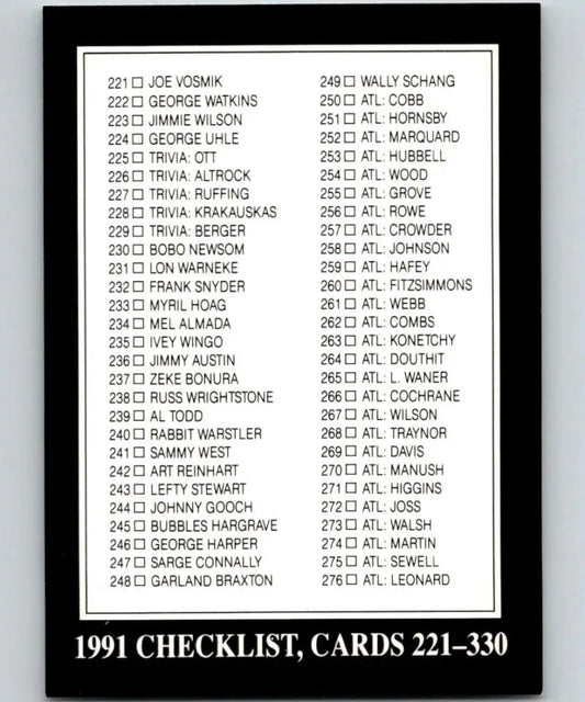 1991 Conlon Collection Excellent Baseball Card Checklist 221-330 Image