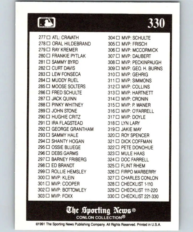Baseball card checklist from The Sporting News featuring Conlon Collection numbers 277-330