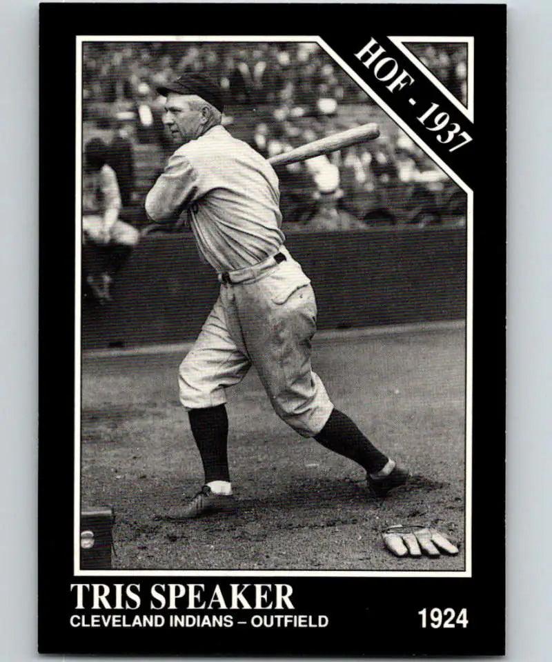 Black and white Cleveland Indians baseball card of Tris Speaker in mid-swing, Conlon Collection