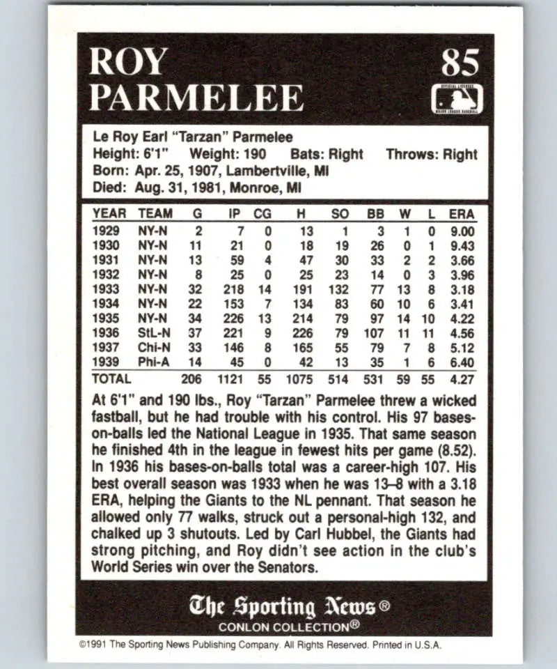 Baseball card featuring Roy Parmelee’s MLB stats from the Conlon Collection, Louis Cardinals