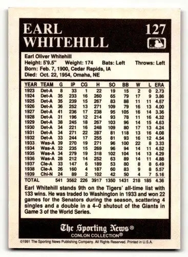 1991 Conlon Collection TSN #127 Earl Whitehill Detroit Tigers Baseba ID:52916 - Baseball Cards