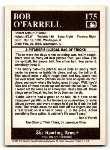 1991 Conlon Collection TSN #175 Bob O’Farrell St. Louis Cardinals Ba ID:52942 - Baseball Cards