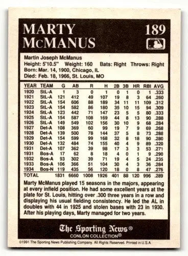 1991 Conlon Collection TSN #189 Marty McManus Boston Red Sox Basebal ID:52879 - Baseball Cards