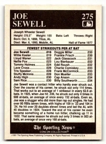1991 Conlon Collection TSN #275 Joe Sewell New York Yankees Baseball ID:52957 - Baseball Cards