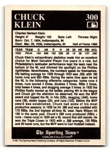 1991 Conlon Collection TSN #300 Chuck Klein Philadelphia Phillies Ba ID:52975 - Trading Cards