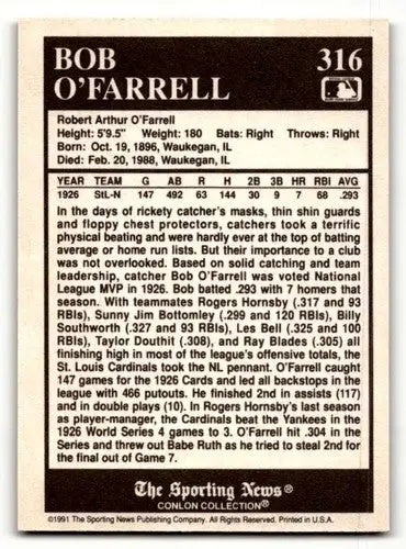 1991 Conlon Collection TSN #316 Bob O’Farrell St. Louis Cardinals Ba ID:52981 - Trading Cards