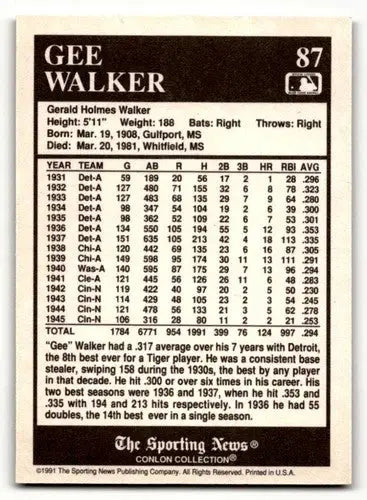 1991 Conlon Collection TSN #87 Gee Walker Detroit Tigers Baseball Ca ID:52925 - Baseball Cards