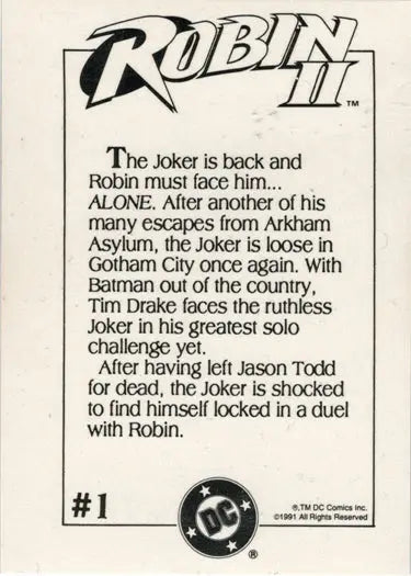 Black and white comic book ad for Robin II #1 on 1991 DC trading card collectible