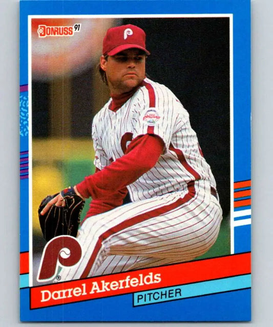 1991 Donruss Baseball Card of Darrel Akerfelds, Philadelphia Phillies Pitcher in Pinstripes