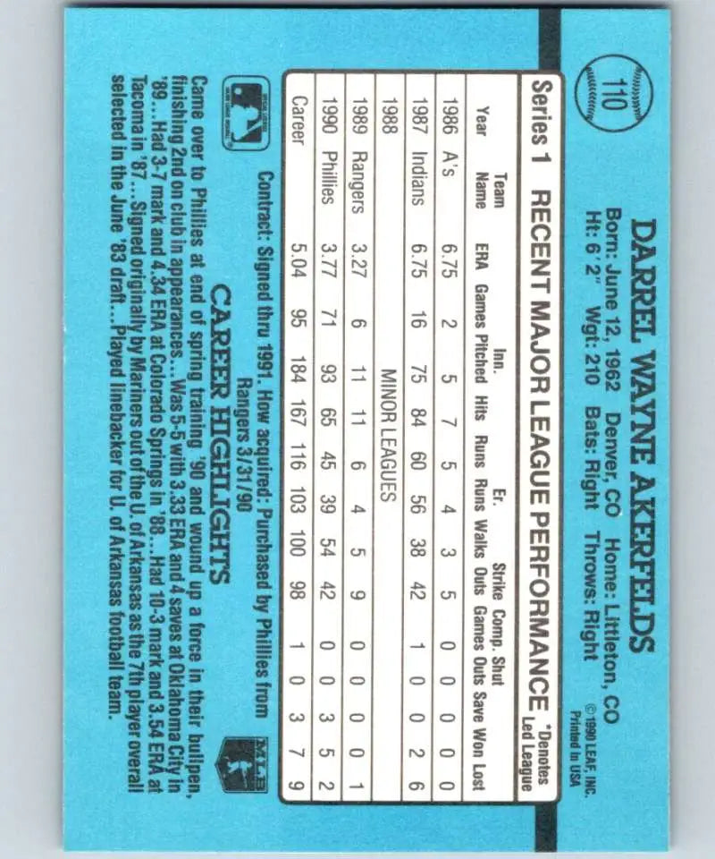 Light blue baseball card featuring Darrel Akerfelds of the Philadelphia Phillies