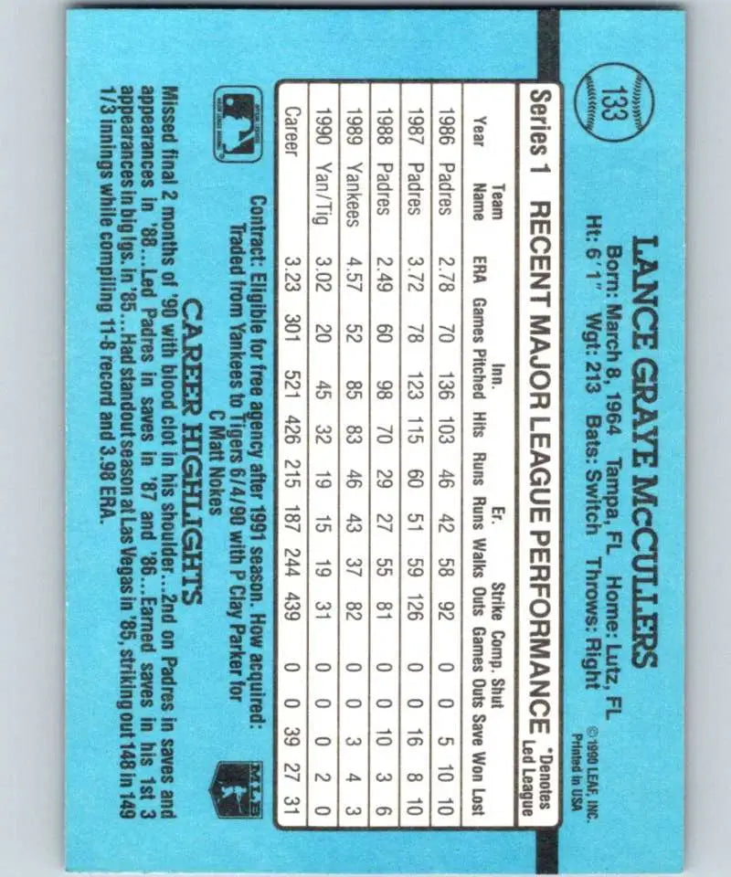 Light blue baseball card featuring Lance McCullers statistics for Detroit Tigers