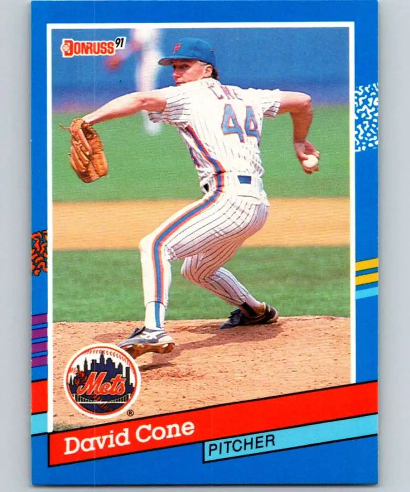 David Cone in mid-throw on a New York Mets baseball card number 44