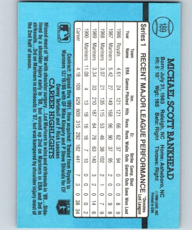 Light blue baseball card featuring Scott Bankhead statistics, Seattle Mariners collectible
