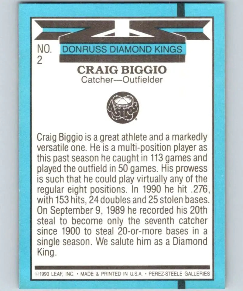 Craig Biggio 1991 Donruss Diamond Kings Baseball Card for Houston Astros collectors