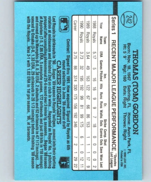 Baseball card back featuring Tom Gordon statistics on a blue background for Kansas City Royals