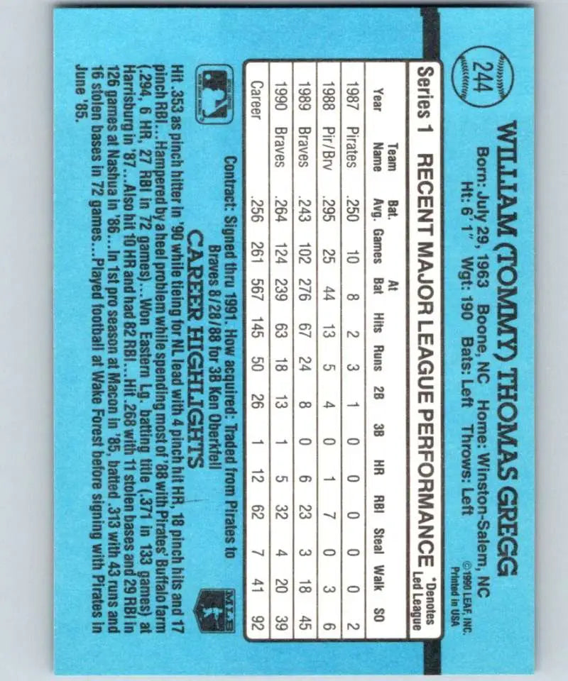 Light blue back of 1991 Donruss Tommy Gregg Atlanta Braves Baseball Card with stats