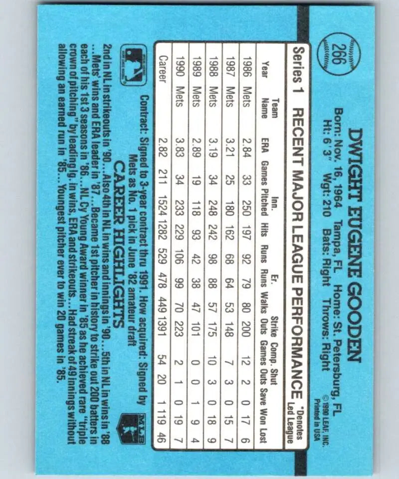 Light blue 1991 Donruss Dwight Gooden New York Mets baseball card with player stats