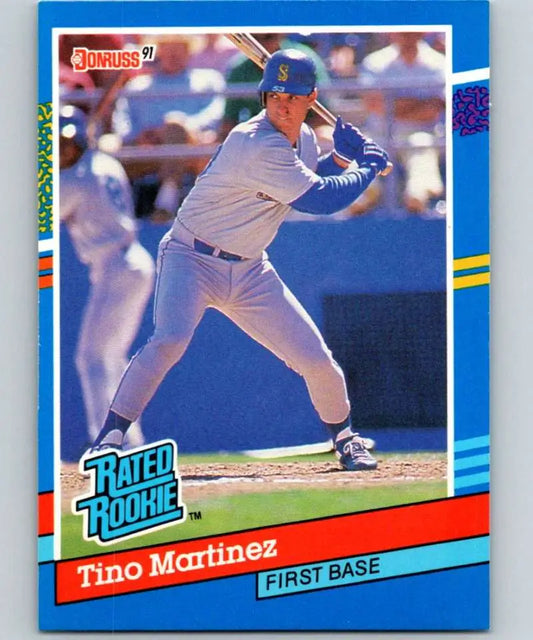 1991 Donruss Rated Rookie Tino Martinez at bat in white uniform for Seattle Mariners