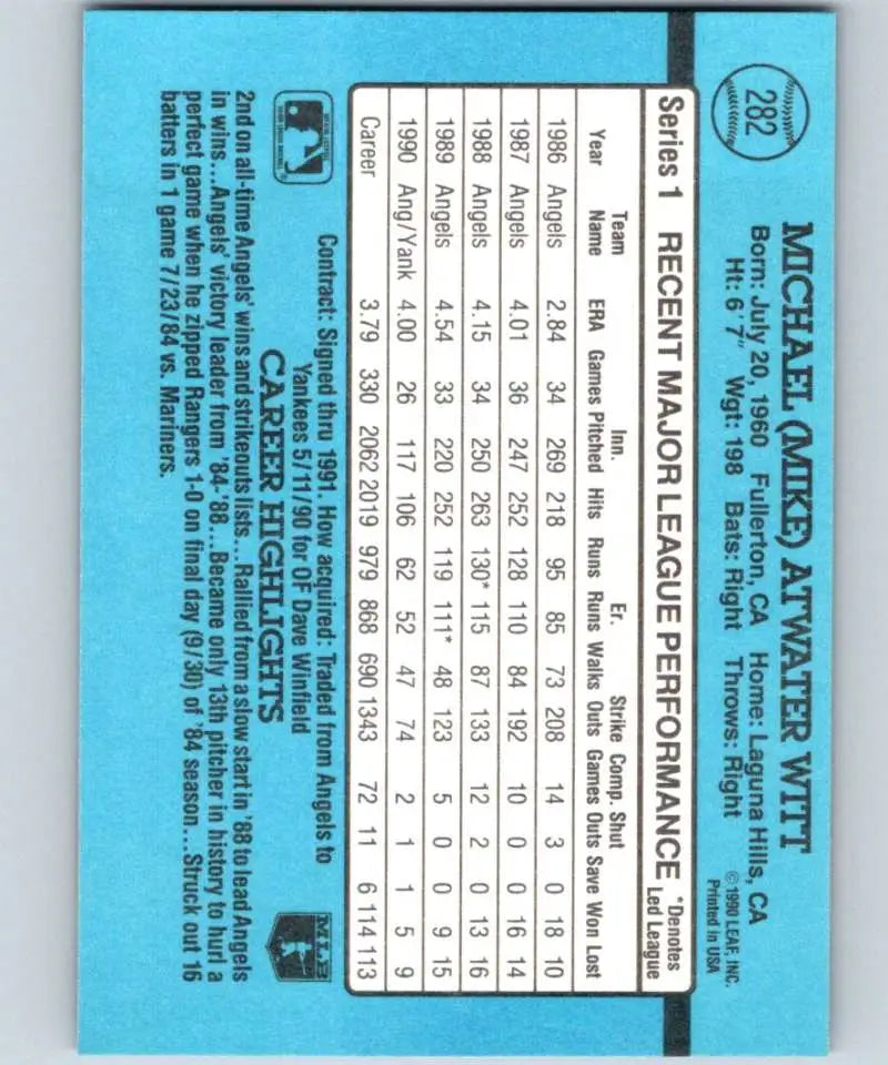 Back of 1991 Donruss #282 Mike Witt baseball card with New York Yankees stats