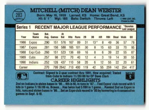 1991 Donruss #283 Mitch Webster Cleveland Indians Baseball Cards EX/ ID:57671 - Baseball Cards
