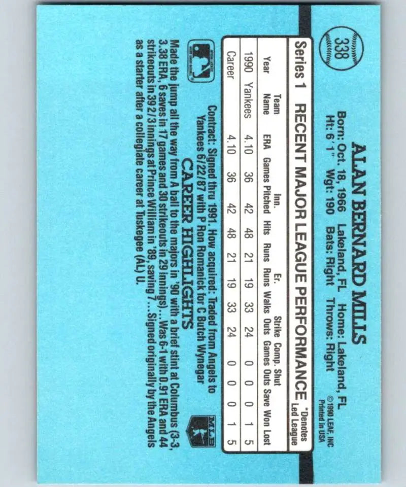 Blue baseball card back of Alan Mills with New York Yankees statistics and info