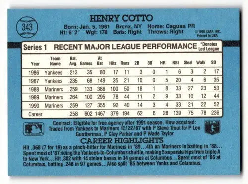 1991 Donruss #343 Henry Cotto Seattle Mariners Baseball Cards EX/NM ID:57648 - Baseball Cards