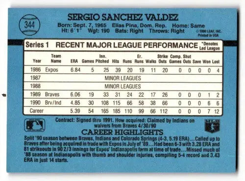 1991 Donruss #344 Sergio Valdez Cleveland Indians Baseball Cards EX/ ID:57645 - Baseball Cards