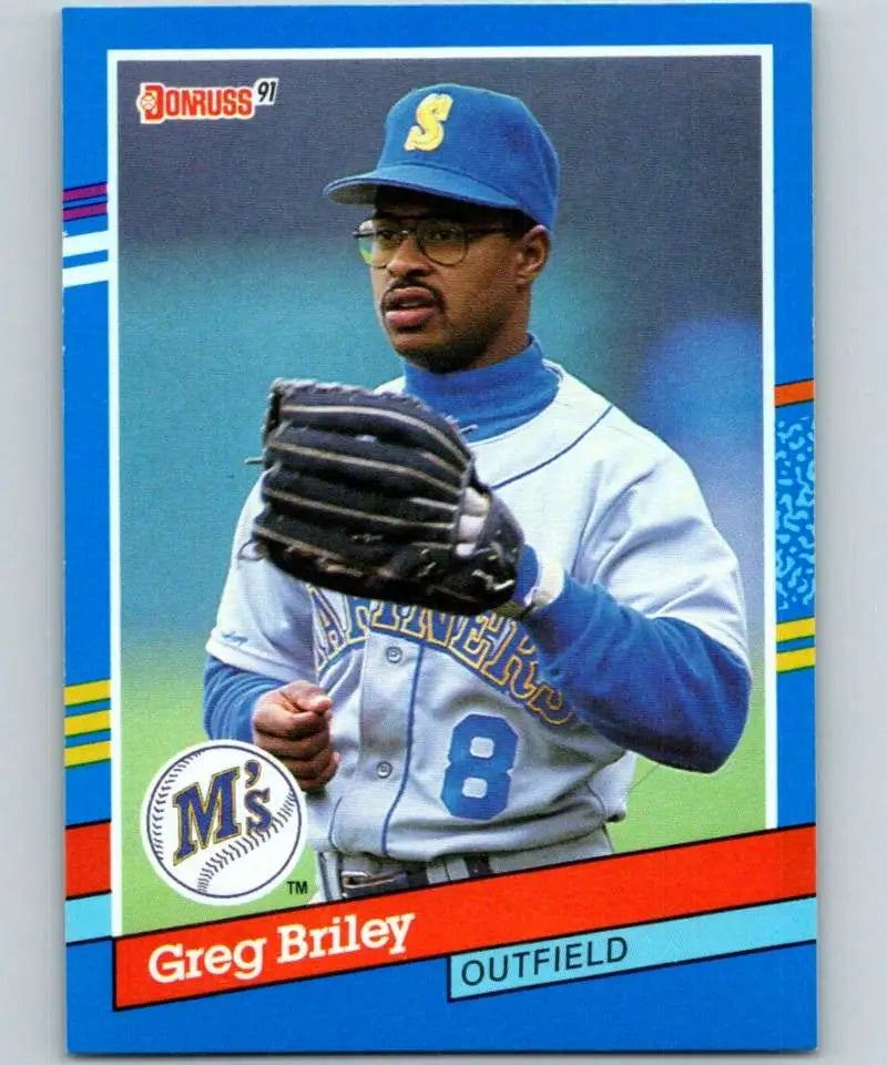 Baseball card of Greg Briley, Seattle Mariners outfielder in blue uniform