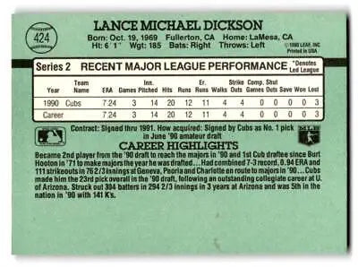 Back of 1991 Donruss #424a Lance Dickson baseball card showcasing player stats