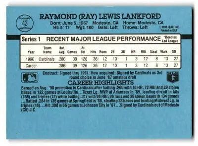 1991 Donruss #43b Ray Lankford baseball card featuring the iconic player