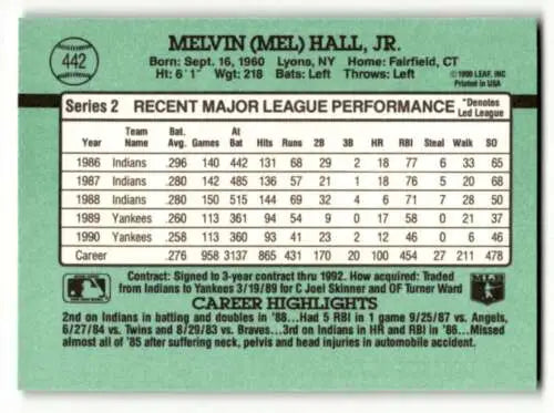 1991 Donruss #442 Mel Hall New York Yankees baseball card with original gloss finish