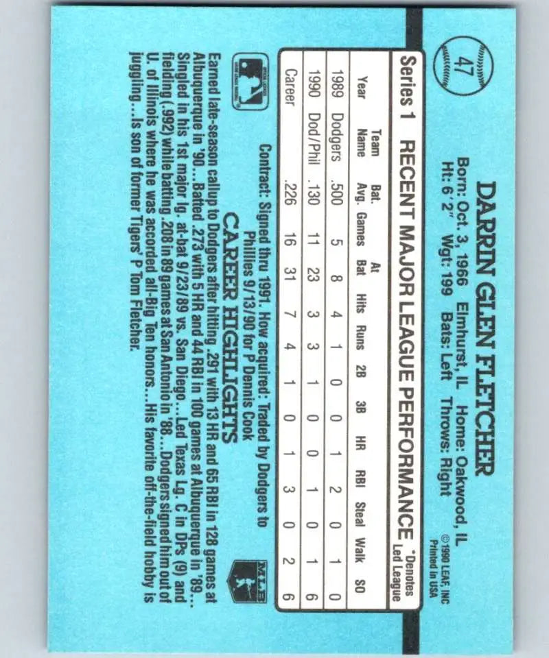 Blue baseball card back featuring Darrin Fletcher RR NM-MT stats for collectors