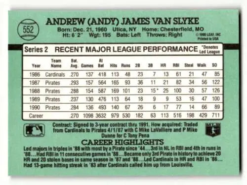 Original gloss Andy Van Slyke baseball card from the Pittsburgh Pirates 1991 Donruss