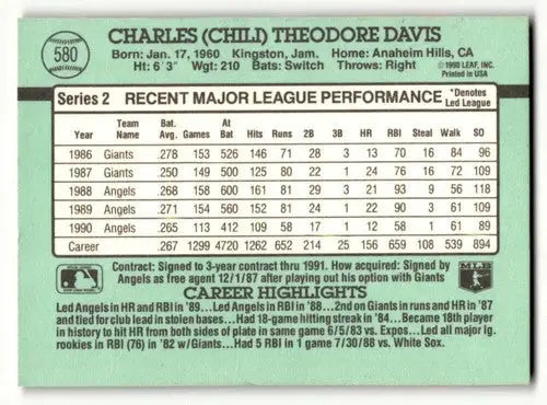1991 Donruss #580 Chili Davis California Angels Baseball Cards EX/NM ID:57657 - Trading Cards