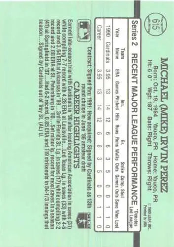 Baseball card statistics for 1991 Donruss #615 Mike Perez NM-MT RC Rookie Cardinals