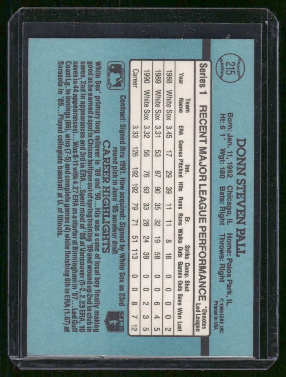 Vintage 1991 Donruss Donn Pall baseball card with career stats and highlights