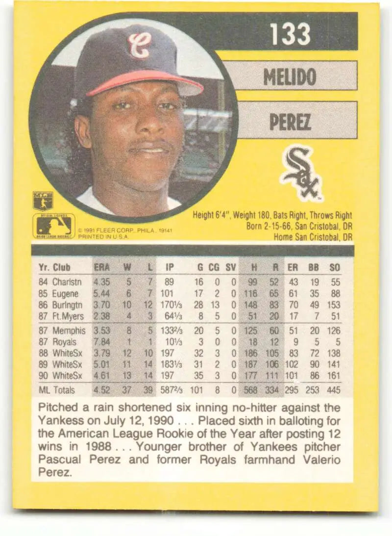 Baseball card of Melido Perez, Chicago White Sox player with stats and bio info