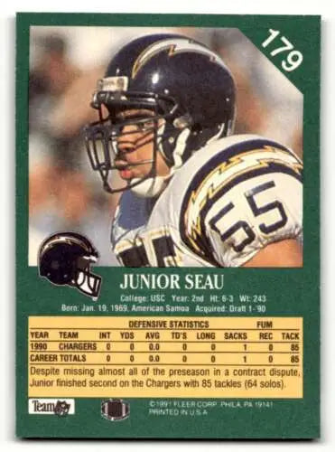 1991 Fleer Junior Seau San Diego Chargers Football Card with original gloss