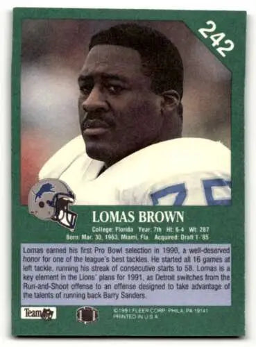 1991 Fleer #242 Lomas Brown Detroit Lions football card with original gloss, NM condition