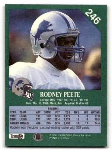 1991 Fleer #246 Rodney Peete Detroit Lions Football Card with original gloss finish