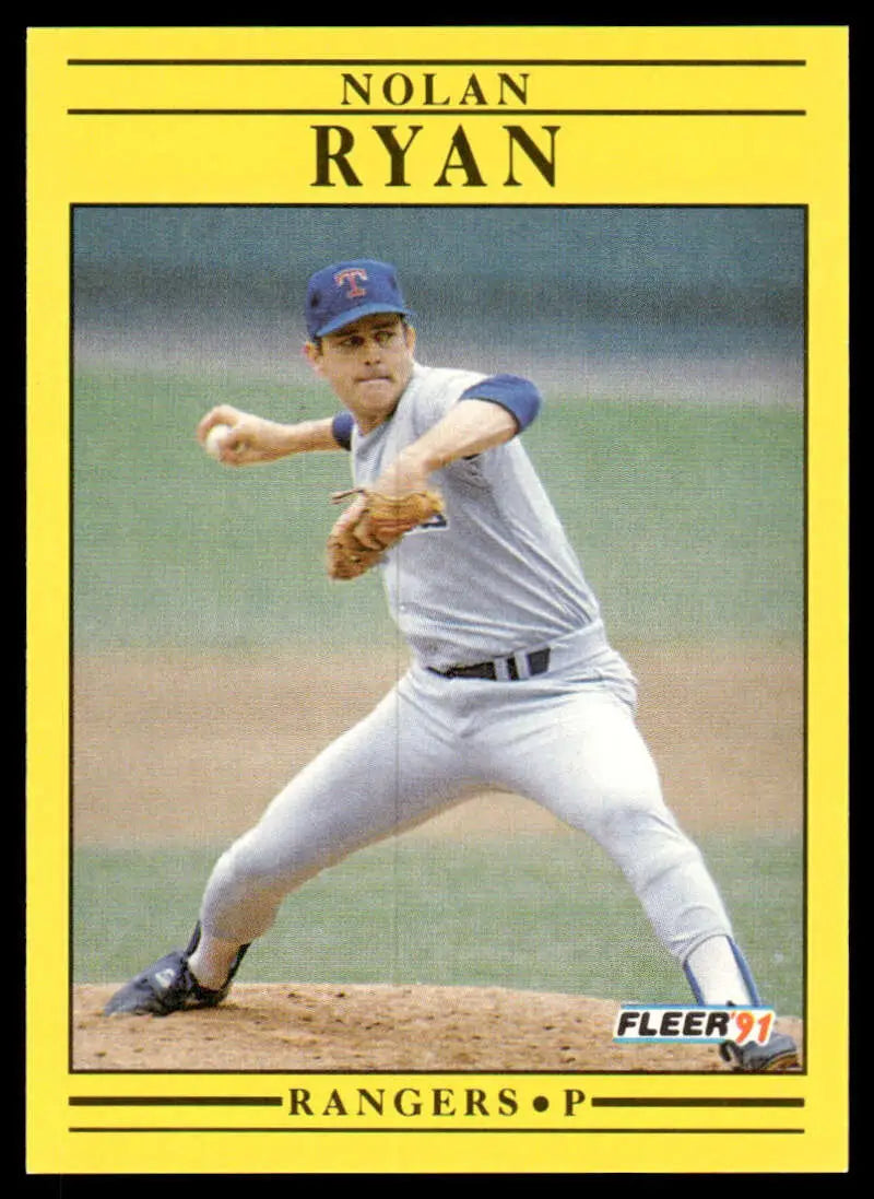 Nolan Ryan pitching in gray uniform on 1991 Fleer Texas Rangers Baseball Card
